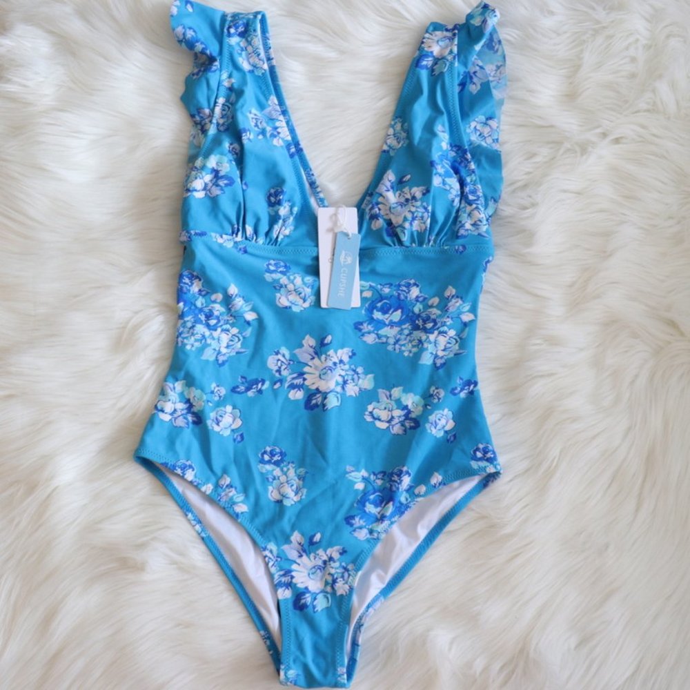 Blue Ruffled Floral One Piece M - Picture 3 of 7